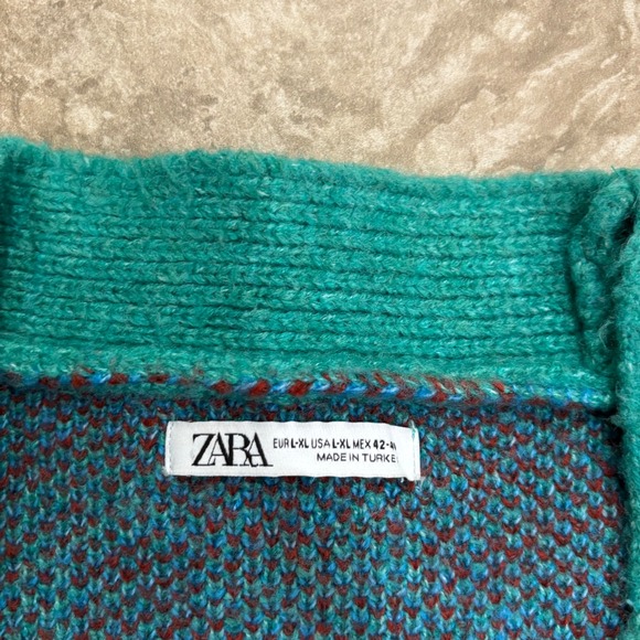 Zara Mens Abstract Jacquard Knit Cardigan Teal Blue Burgundy L-XL - Picture 7 of 14